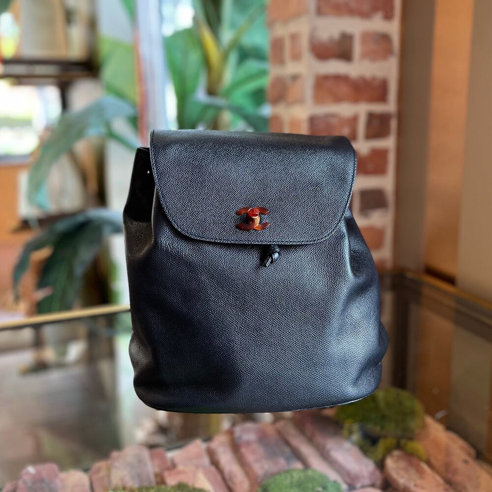 CHANEL Vintage Black Caviar Leather Tortoise CC Backpack Bag